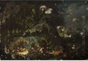 A Forest Floor With A Kingfisher And A Frog