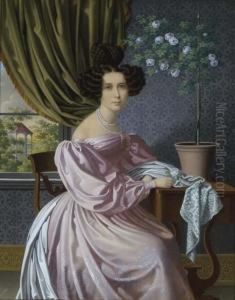 Portrait Of A Lady In A Pink Dress, Seated By A Window