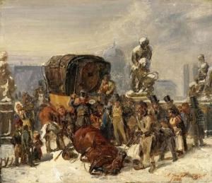 Strassenszene Auf Der Herkulesbrucke, Berlin by August Von Pelzeln