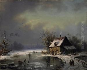 Riverlandscape Thickly Covered In Snow, In Front Of The City Gates.