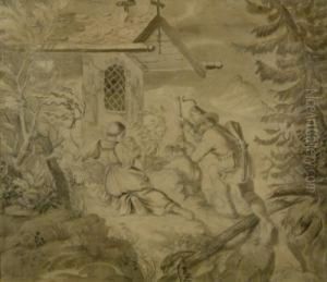 Two Drawings. A) Danger In The High Mountains. Young Family In Front Of A Chapel Saving Themselves From A Slumping