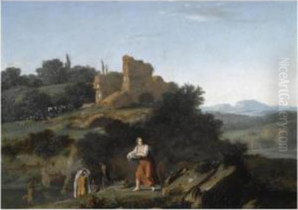 Nymphs Bathing And A Washingwoman Near Ruins In A Southern Landscape - view 1
