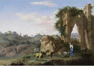 An Italianate Landscape With A Shepherd And His Flock, Together With A Woman Pushing A Wheelbarrow Near Classical Ruins An Italianate Landscape With A Shepherd And His Flock, Together With A Woman Pushing A Wheelbarrow Near Classical Ruins