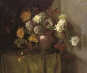 Chrysanthemums, Hydrangeas And Other Blooms In A Copper Urn On A Draped Table