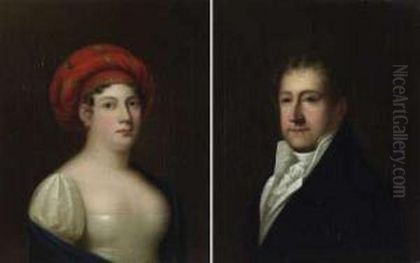 Portrait Einer Dame Mit Rotem Turban Und Blauer Stola Und Herr In Blauem Jakett - view 1
