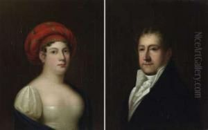 Portrait Einer Dame Mit Rotem Turban Und Blauer Stola Und Herr In Blauem Jakett by Carl Von Sales