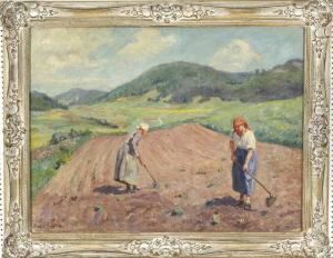 Zwei Bauerinnen Bei Der Feldarbeit Vor Weiter, Hugeliger Landschaft by Max Von Schellerer
