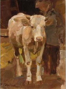 A Cow And Peasant In A Stable by Max Von Schellerer
