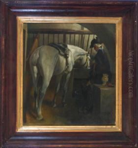 Reiter Mit Schimmel Im Stall by Alfred Von Schrotter