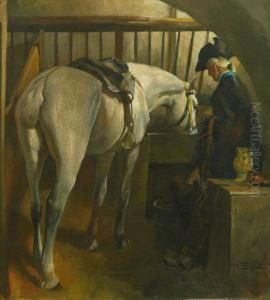 Schimmel Und Reiter Im Stall by Alfred Von Schrotter