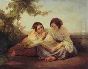 Two Girls Reading by Ludwig Hermann Alfred Von Schussler