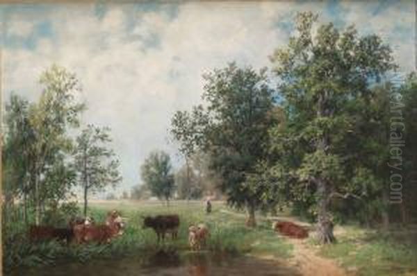 Pastoralt Landskap Med Betande Kor - view 1