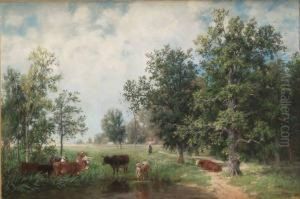 Pastoralt Landskap Med Betande Kor by Amelia Ulrika Von Schwerin