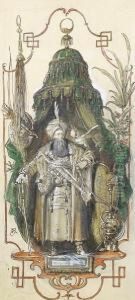 A Sketch Of A Sultan Standing In A Canopiedentrance With A Hookah Pipe And Parrot by Rudolf Von Seitz