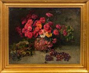 Groses Stillleben Mit Roten Zinnien Und Dunklen Weintrauben