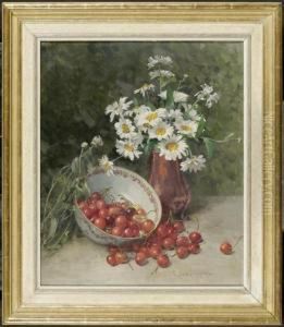 Still Life With Flowers In A Bronze Vase With Cherries