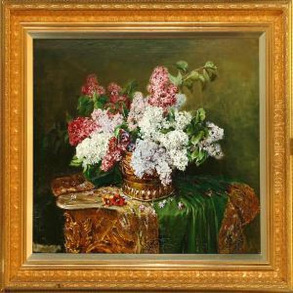 Lilacs In A Brass Vessel On A Table - view 1
