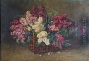 A Wicker Basket Of Mauve And White Lilac by Clara Von Sivers