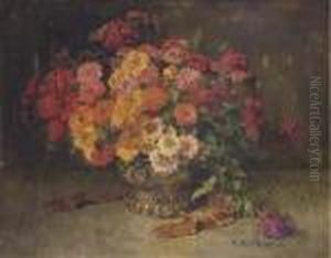 Colourful Zinnias In A Copper Pot