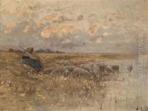Flock Of Sheep And Shepherds At The Lakeside by Bela Von Spanyi