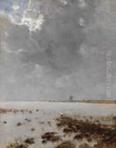Seascape With Mill In The Background by Bela Von Spanyi