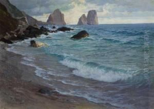 Capri - Kuste Mit Blick Auf Die Faraglioni. by Paul von Spaun