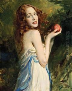 Young Beauty With Apple by Boleslaw Von Szankowski