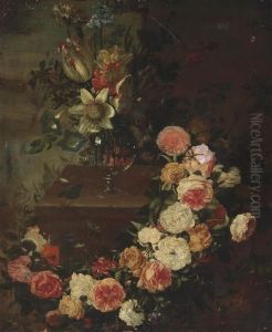 A Tulip, Convolvulus And Other Flowers In A Vase On A Plinth, With A Garland Of Roses And Peonies by Frans Werner Von Tamm