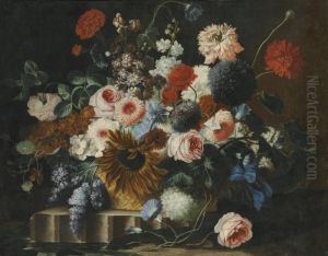 Still Life With Flowers On A Stone Ledge by Frans Werner Von Tamm
