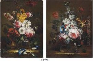 Roses, Parrot Tulips, Chrysanthemums, Morning Glory And Other Flowers In A Glass Vase by Frans Werner Von Tamm