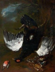 Tetras Pendu Par La Patte Entoure D'un Rouge-gorge Et D'un Geai by Frans Werner Von Tamm