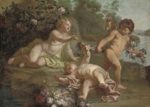 Putti Disporting With Garlands Of Flowers Beside A Lake by Frans Werner Von Tamm