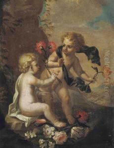 Putti Disporting In A Wooded Landscape by Frans Werner Von Tamm