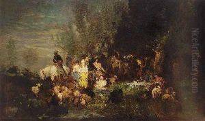 Feldlager Mit Berittenenkriegern Und Hirtinnen Am Waldrand