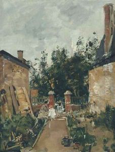 Madame S et ses enfants dans son jardin à Trouville by Eugene Boudin