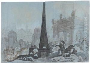 Historische Kampfszene Vor Den Kolonnaden Am Spittelmarkt In Berlin by Peter Anton Von Verschaeffelt