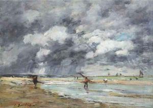 Rivage maree basse, temps de pluie, environs de Trouville