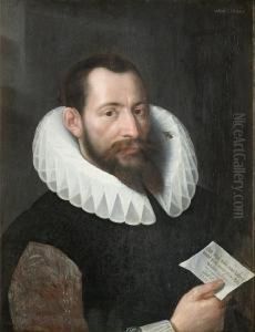 Portrait Of Gentleman, Half-length, In A Blacktunic And A White Lace Collar, Holding A Letter by Gotthardt von Wedig
