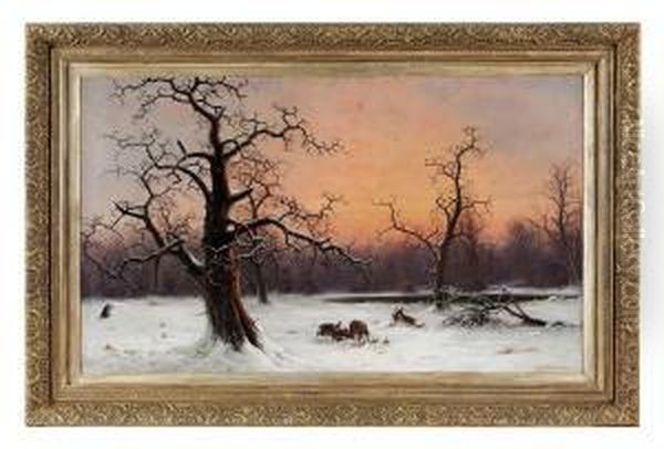 Snow Covered Landscape With Stags Rutting - view 1