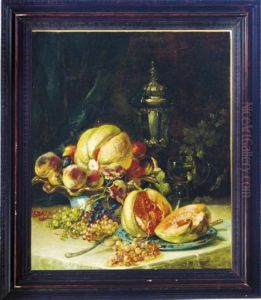 Still Life Of Grapes, Melons And Peaches On A Table by August Von Wille