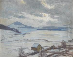 Frozen Lake With Village Houses At Kerpen by Fritz Von Wille