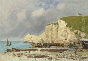 Etretat Barques echouees et falaise d'amont by Eugene Boudin