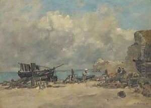Etretat Bateaux de peche et pecheurs sur la plage by Eugene Boudin