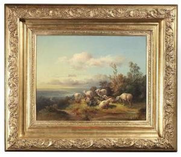 Von . Flock Of Sheep On A Bank, In The Background An Extensive River Landscape. Oil/canvas, Signed And Dated "859" - view 1