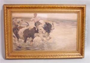 Young Boy With Cows by Heinrich Johann Von Zugel