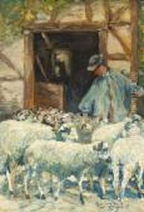 Hirte Mit Schafherde Vor Dem Stall