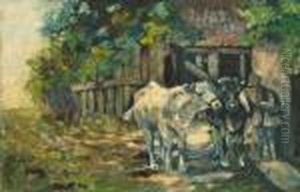 Zwei Kuhe Mit Hirte Im Hof by Heinrich Johann Von Zugel