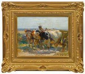 Junger Bauer Mitochsengespann In Sommerlicher Landschaft by Heinrich Johann Von Zugel
