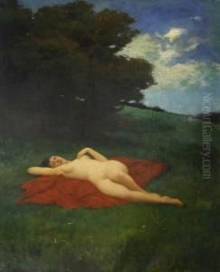 Liegender Weiblicher Akt In Sommerlandschaft by Ludwig Von Zumbusch