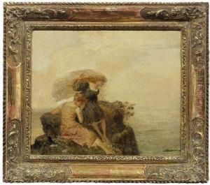 Two Womenon A Bank At Seashore by Ludwig Von Zumbusch